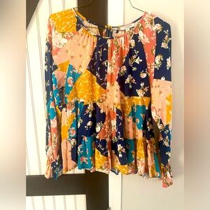 Andree By Unit Womens Blouse Top Cottage Prairie S Blue Pink Floral Long Sleeve